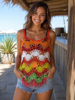 Paradis Miss Colorful Crochet Fringe Tank Cover-Up Size M/L Boho Beach